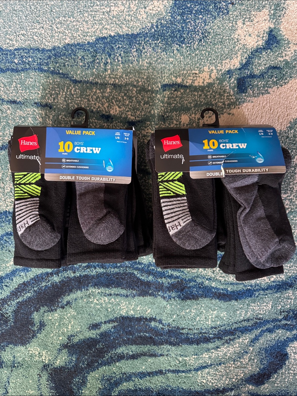 New, Hanes Boys' Ultimate Crew Socks 20-Pack - Black, Gray & Neon Green Accent